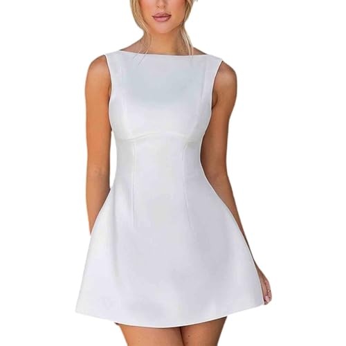 Women's Summer Solid Color Round Neck Sleeveless Backless high Waisted Dress Short Skirt