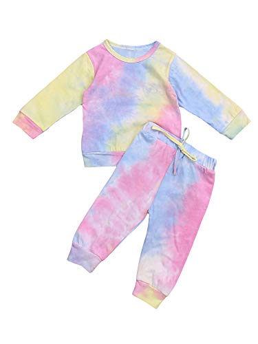 OPNEG Baby Boy Girl Tie Dye Pajamas Set Long Sleeve Tee Top Elastic Waist Pants Toddler Kids Sleepwear Fall Winter Clothing Sets Pink, 2-3T