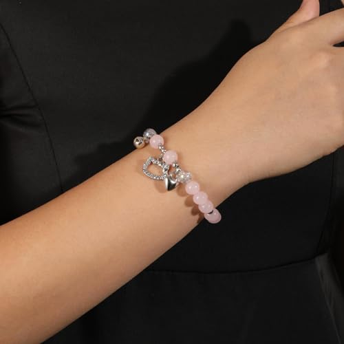 Kawaii Kitty Charm Bracelet Cute Cartoon Elastic Pink Bead Bell Heart Bracelet，Gift for Women3