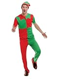 Smiffys Disfraz de elfo, Verde y rojo, con camiseta, pantalón y sombrero Halloween, Carnaval