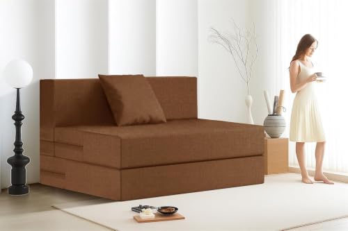 Image of Rosebell 1 Seater Sofa Cum Bed - Brown | 3x6 Feet | Jute Fabric with Removable Washable Cover & Cushion | Space-Saving Furniture for Home & Office