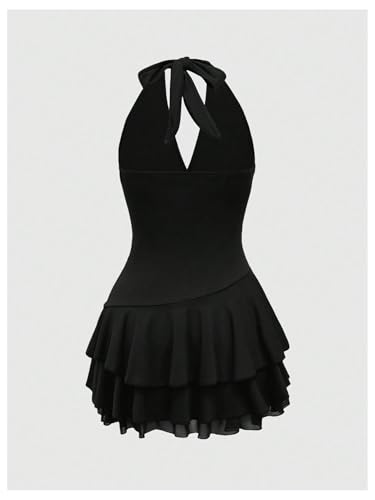 Image of Verdusa Women's Plus Size Halter Mini Dress Ruched Ruffle Y2K Hippie Dress Western Outfits Boho Dresses