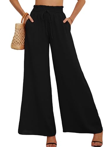 AusLook Women's Wide Leg Dress Pants with Pockets Black Small Lightweight Elastic High Waisted Adjustable Tie Knot Flowy Loose Slacks Lounge Casual Ladies Beach Pleated Trousers