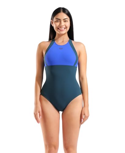 ARENA Shapewear Women's Linda B-Cup One Piece Swimsuit Cross Back Inner Bra Adjustable Straps UV Protection Chlorine Resistant Ladies Bathing Suit, Mangrove Green/Bright Blue/Mangrove, US Size 36