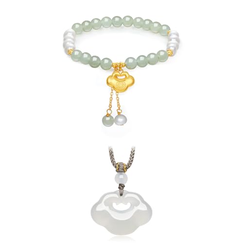 Colliers en calcédoine avec perles vertes argentées et bracelet