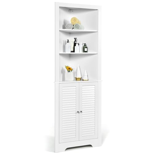 FANTASK Armadio alto in legno, mobile da bagno ad angolo con 3 ripiani aperti e 2 ante lamellari, armadietto ad angolo, per bagno, cucina e soggiorno, 45 x 45 x 173 cm (bianco)