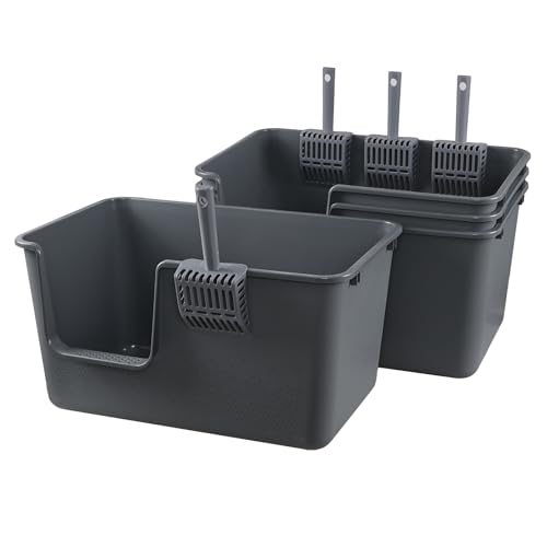 Esdiplot 4-Pack XX-Large Open Top High Sided Cat Litter Box, Plastic Cat Litter Pan with Scoop, Grey