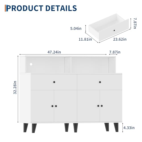 47.2" TV Stand Cabinet with Power Outlets & LED Light Wood Coffee Bar Table Freestanding Kitchen Pantry Cabinet with Drawers & Adjustable Shelves Floor Cupboard Hutch for Living Room Dining Room White - image 2