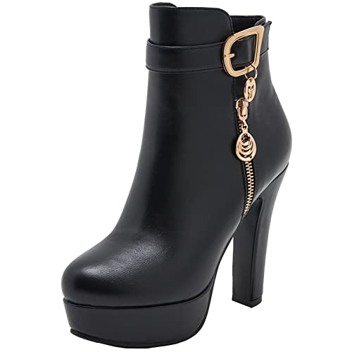 KISSYAYA Femmes Bottines Plateforme Bout Ronde Talon Haut(40 EU, Noir) Cover