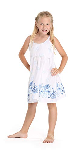Girl Hawaiian Classic Empire Dress with Elastic Strap in White with Blue Hibiscus