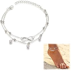 Pulseras Para El Pie Mujeres Tobillera doble, de plata, con perlas, estilo bohemio, pulsera para el tobillo, cadena con cuentas, para pie, joyería, para mujeres y niñas tobillera extensible