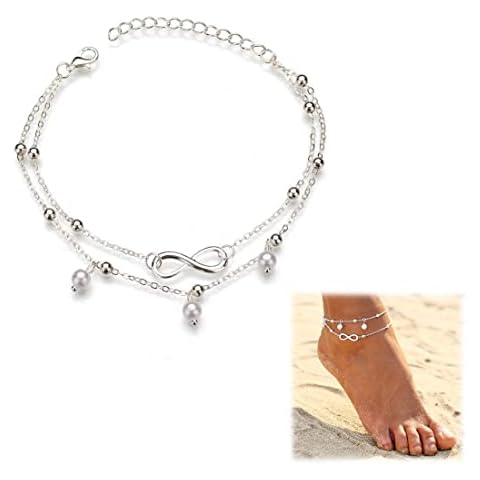 Tobillera doble de plata con perlas estilo bohemio Cover