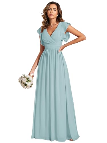 Ever-Pretty Robe de Soirée Dos Nu pour Femme Manches Volantées Mousseline Col V Plissé Robe de Demoiselle d'honneur Longue Élégante Bleu Ciel 44