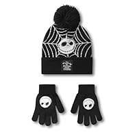 Disney The Nightmare Before Christmas Unisex Beanie Hat & Gloves Set | Black Knitted Winter Hat with Jack Skellington Spider Web for Boys & Girls | Kids One Size Warm Bobble Hat and Gloves Gift