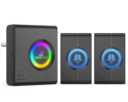 Image of Spromoce Wireless Doorbell for Home, 1000FT Long Range Door Bell without Wire for Office, IP55 Waterproof Cordless Remote Calling Bell with 6 Vibrant Light Modes, 38 Ringtone
