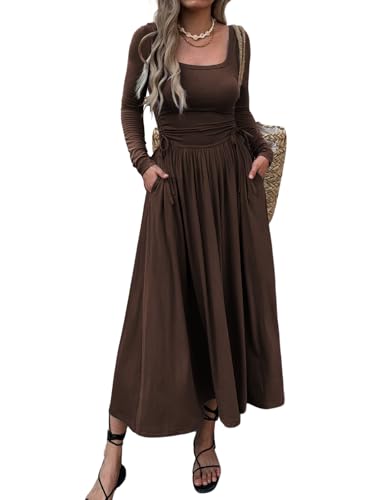 Women’s Long Sleeve Square Neck Maxi Dress Adjustable Waist Tie Casual Flowy A-Line Pleated Dresses with Pockets