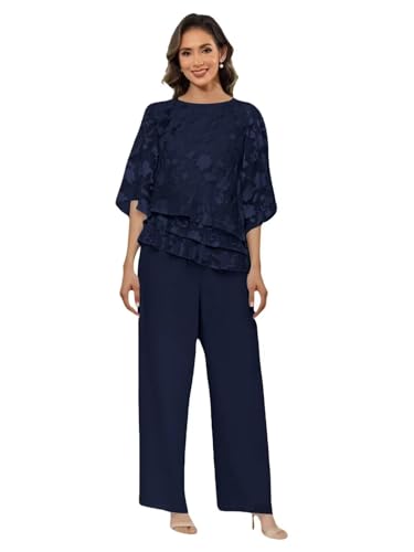 Kyeuan Dressy Pantsuits for Wedding Guest Tiered Floral Navy Blue