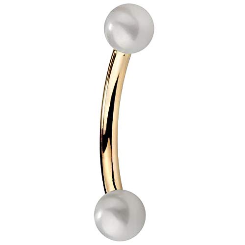 Chinese Freshwater Cultured Pearl 14K Yellow Gold Curved Bent Barbell Cartilage Tragus Rook Earring Eyebrow Ring 16G 3/8