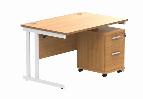 Office Hippo Heavy Duty Contract Grade Office Desk Workstation and Lockable 2-Drawer Pedestal Set, 120kg Weight Tolerance, 5-Year Warranty, FSC Certified, Norwegian Beech, White Legs, 1200 x 800mm