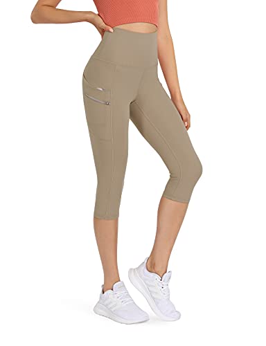 ODODOS Women s High Waisted 19 Inseam Dual Pockets Workout Capris, Yoga Running Gym Athletic Capris Leggings, Dark Beige, X-Large