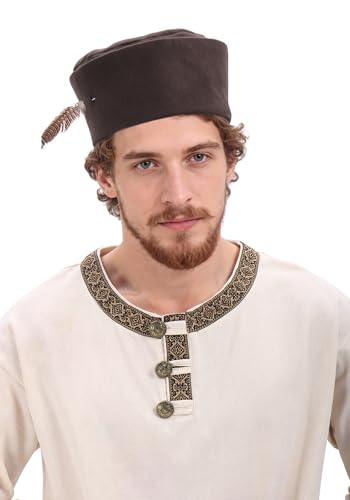 HidmFaw Medieval Hat for Men Women Renaissance Hat with Feather Classic Beret Ren Faire Cap Minstrel Costume Accessory (Brown)