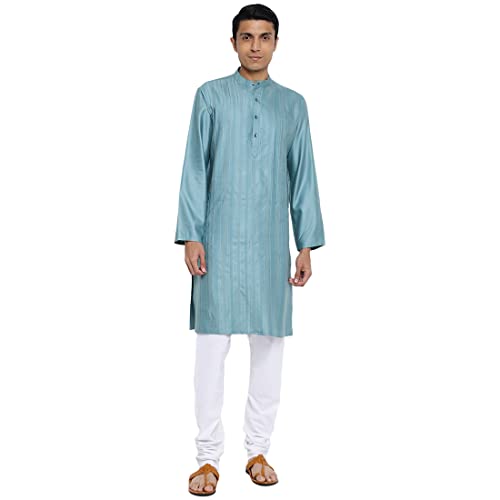Fabindia Men Viscose Silk Long Kurta Slim Fit Teal_S