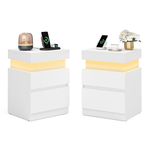 VASAGLE Kailyn Colección - Mesita de Noche con Regleta de Enchufes, Juego de 2, Tapa Deslizante, 2 Cajones, Tira LED, Pequeña Mesa Auxiliar, Estilo Moderno, 35 x 40 x 55 cm, Blanco Nieve LET840WB01