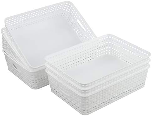 Sandmovie Woven Office Storage Baskets A4 Plastic Basket Trays Kitchen Drawer Organizer, White, Packs of 6
