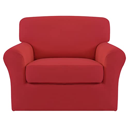 Image of Easy-Going 2 Pieces Stretch Sofa Slipcover for Armchair Washable | Spandex Soft Fitted Sofa Couch Cover for Living Room Washable Furniture Protector with Bottom Kids Pet Christmas Red