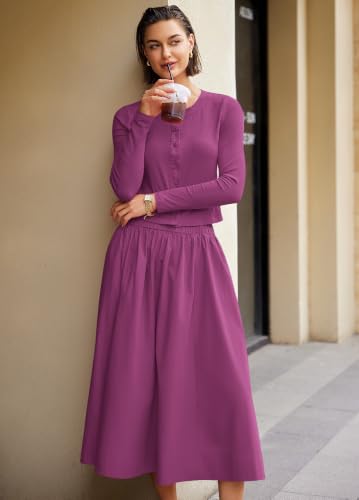 Image of Panadila Womens 2 Piece Lounge Sets Matching Vacation Outfits Ribbed Button Down Cardigan and Elastic Waist Skirt Sets