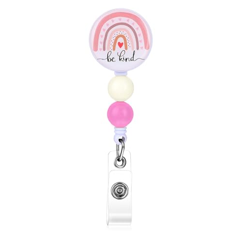 TIESOME Retractable Badge Reels with Alligator Clip, Cute Rainbow ID Badge Holder Heavy Duty ID Card Holder Name Badge Clip with Beads Gifts for Nurse Medical Teacher Student Office Work Supplies (A)