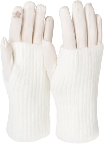 styleBREAKER Damen 3 in 1 Touchscreen Handschuhe mit abnehmbarer Strick Stulpe | Winterhandschuhe | 3 Tragevarianten | Weich warm elastisch in vielen Farben, Farbe:Creme-Weiß