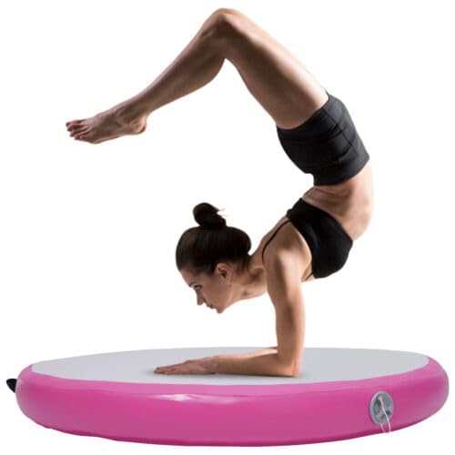 Tappetino gonfiabile, per sport, yoga, allenamento, ginnastica, con pompa, rotondo, per yoga, per la casa, la palestra, l'allenamento, lo sport, 100 x 10 cm, rosa