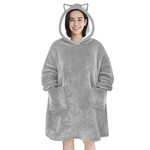 FBSPORT Wearable Blanket Hoodie, Oversized Blanket Sweatshirt for Women Men Adults Teens, Super Soft Warm Flannel & Sherpa Sweatshirt Blanket with Pocket, Gray