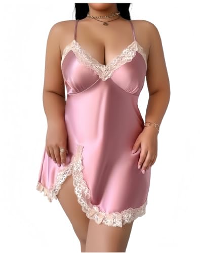 IPUDIS Lencería Sexy de Tallas Grandes para Mujer Babydoll de Satén y Encaje con Cuello en V Camisón de Seda Ropa de Dormir Camisones Suaves de Tirantes Finos Tallas Xl-5Xl Rosa XL