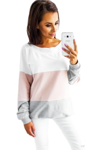 Winter new casual contrasting color patchwork hoodie round neck long sleeved loose pullover top(Pink,S)