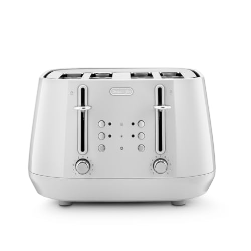 DeLonghi Eclettica BPA Free Metal Toaster CTY4003.W 4 Slot Toaster with Reheat and Defrost Functions Control Panels Progressive Browning Levels Pull Crumbs Trays Stainless Steel 1800W White