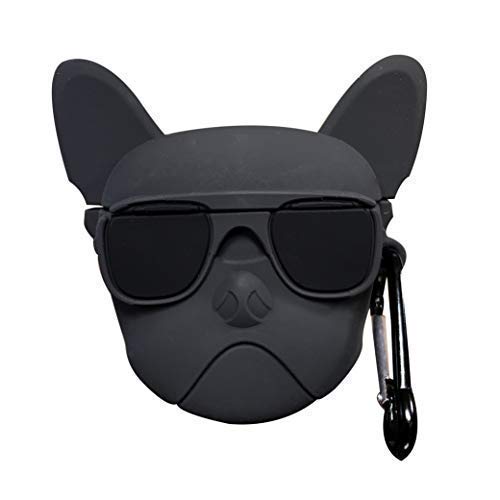 Image of Prolet Cute Silicone AirPods Case 1 & 2 Cute 3D Bulldog Fashion Character Case Storage Bag Pouch of Soft Silicone Shockproof Protection Case Cover with Keychain (Black)