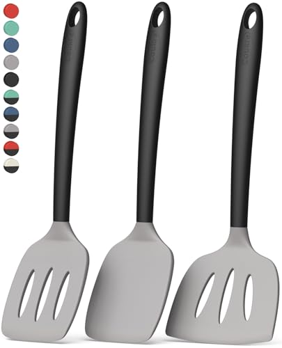 Image of Coukre 3 Pack Silicone Spatula Set, Heat Resistant to 500F, BPA-Free | Fish Spatula, Solid & Slotted Turners, Dishwasher Safe, Spatula Set for Eggs, Pancakes, Fish & Burgers, GrayBlack