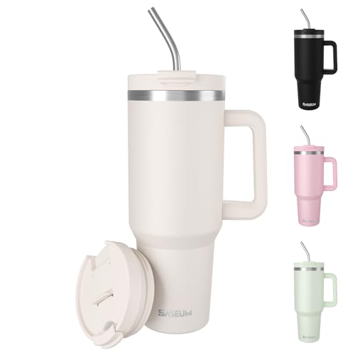 Image of SASEUM 40 oz Tumbler with Handle and Lid, Double Wall Stainless Steel Insulated Water Bottle with 2 Reusable Metal Straws, Leak-Proof BPA-Free Cup for Coffee, Iced Drinks and Travel - White