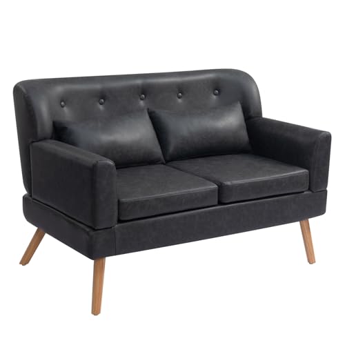 HollyHOME Sofa 2 Plazas Pequeño Sofá de Dos Plazas con Patas de Madera 117cm PU Relax Sofá para Salon Dormitorio Sala de Estar Oficina, Negro