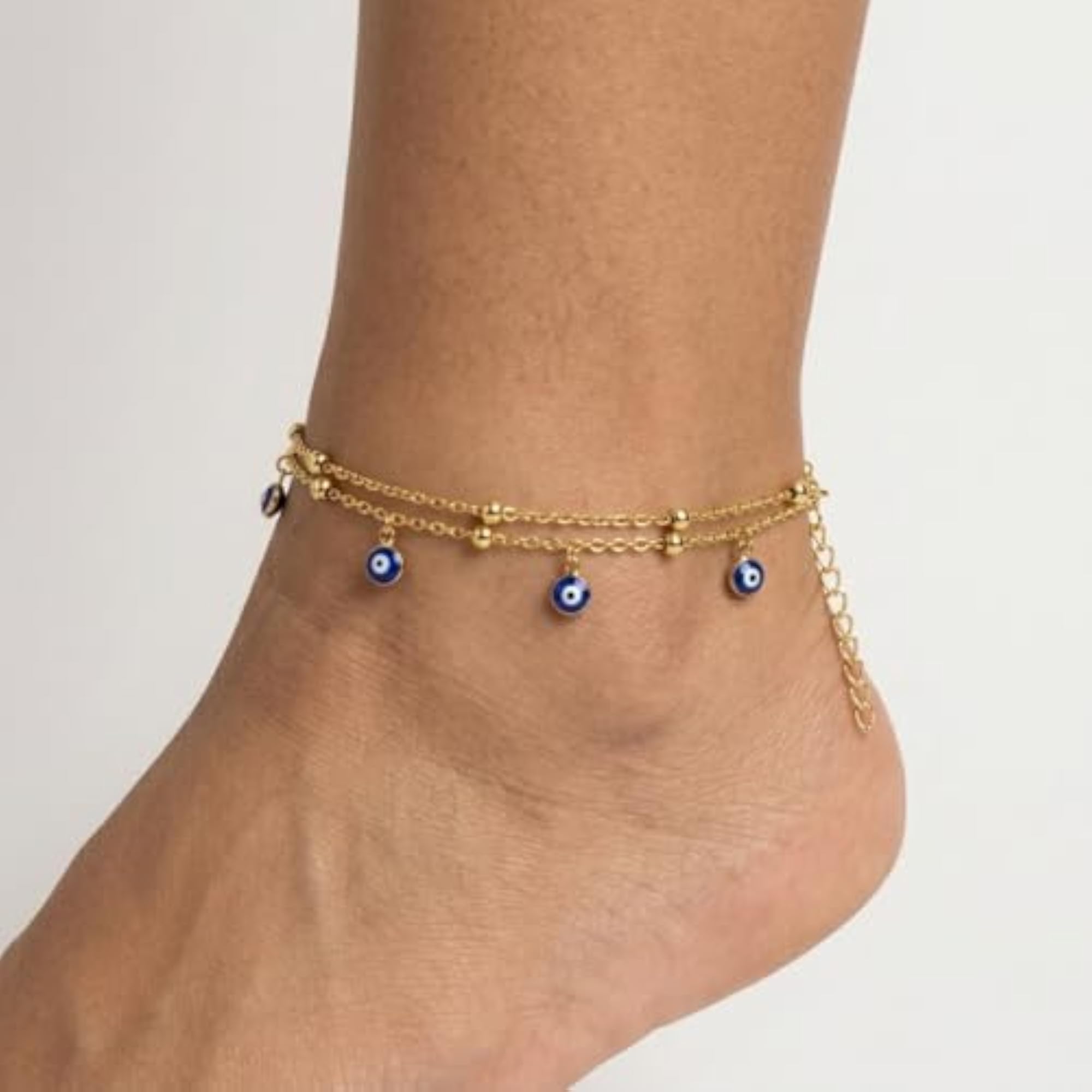Women's 18K Gold Plated Brass Triple Layered Blue Evil Eye Anklet