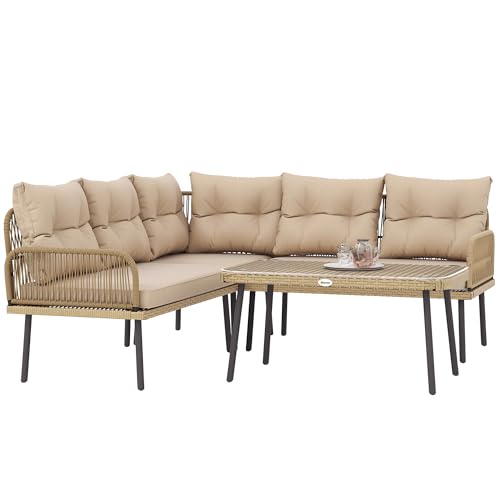 Outsunny Conjunto de Jardín Exterior de Ratán Sintético de 4 Piezas Muebles de Jardín Exterior en Forma de L Incluye 2 Sofás de 2 Plazas 1 Sillón Esquinero 1 Mesa de Centro con Cojines Natural