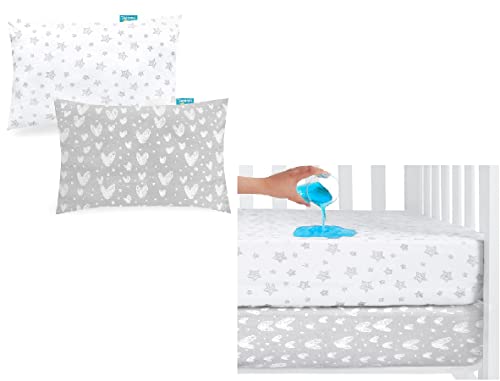 Image of 2 Pack Waterproof Crib Mattress Protector & 2 Pack Baby Toddler Pillowcase, 100% Cotton, Ultra Soft & Breathable for Boys and Girls, White & Grey Star Print