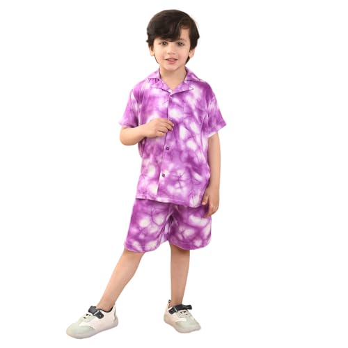 Image of superminis Baby Boys Rayon Tie-Dye Printed Co-ord Set With Notched Collar Shirt and Shorts