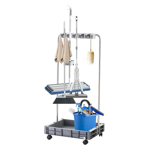 Carrito de limpieza para el hogar, carrito de limpieza rodante, carrito de gran capacidad, organizador de escobas, herramientas de almacenamiento para estaciones domésticas para hospitales, fábricas,