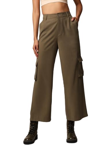 ONLY Women Solid Wide Leg Casual Olive Pants