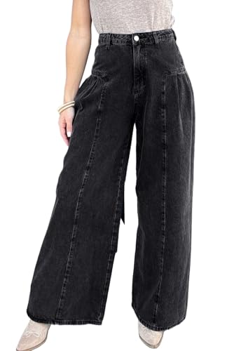 Women's Dark Grey Pleated Wide Leg Mineral Wash Denim Pants - Chic and Trendy Everyday Wear