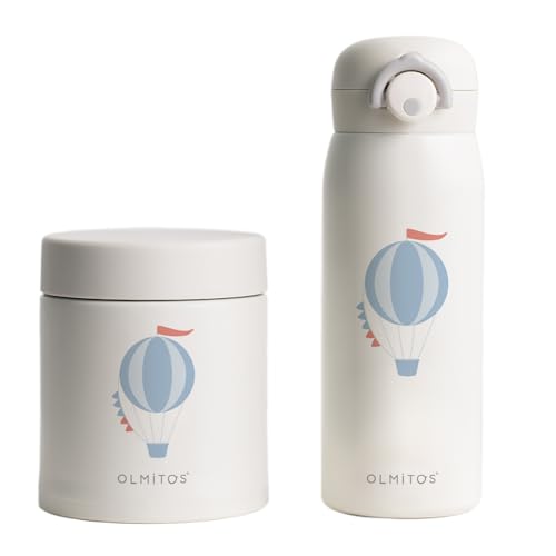 Olmitos - Termo Bebé Set con Termo Papillero 550ml y Termo para Líquidos 480ml PACK – Mantiene Comida y Bebidas Calientes o Frías por Horas, Ideal Viajes y Paseos (Blanco)