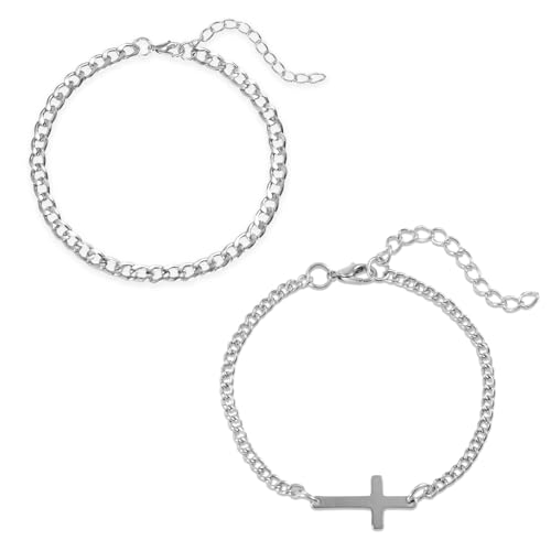 Mikovivi 2pcs Bracelets Argent pour Homme, Bracelet Élégant de Qualité Supérieure avec Croix et Maillons Cubains en Argent Bijoux Classiques Délicats...